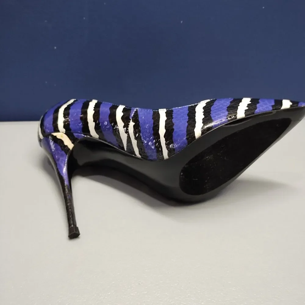 LFL Snakeskin Stiletto Pumps Heel Womens Sz 7 Purple Multi Pointed Toe Slip On - Picture 16 of 16